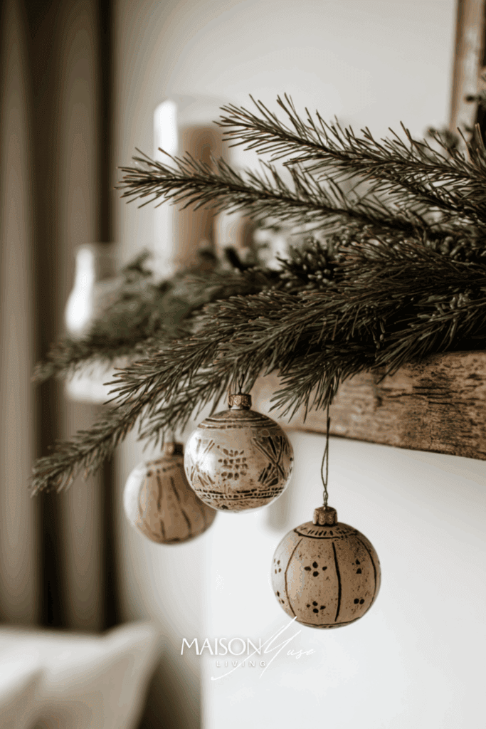 close up of wooden and glass ornaments hanging on simple greenery branch