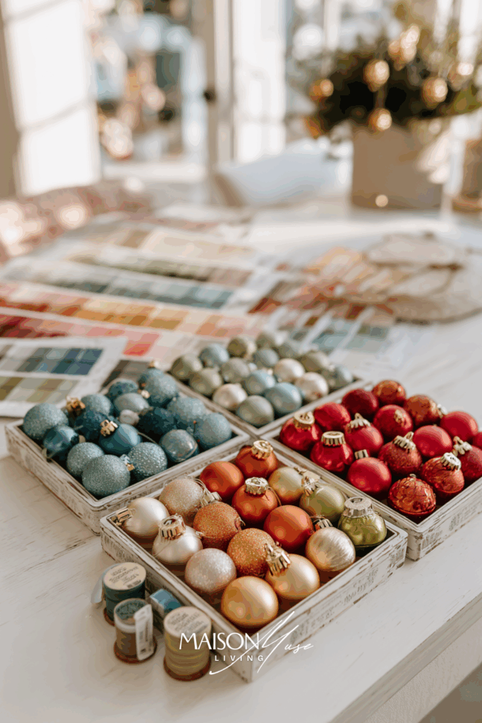flatlay of Christmas color story on neutral table