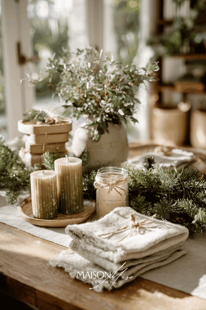 table with small curated selection of new Christmas decor, faux greenery garland