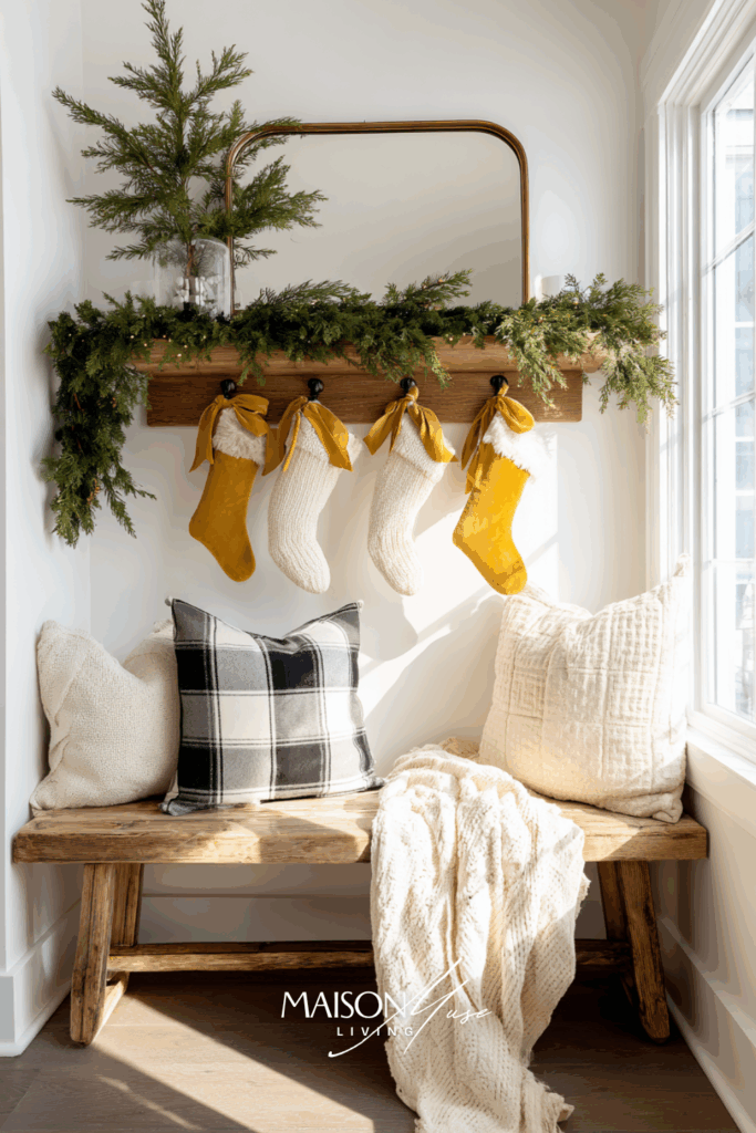 small apartment wall shelf styled as mini Christmas mantel