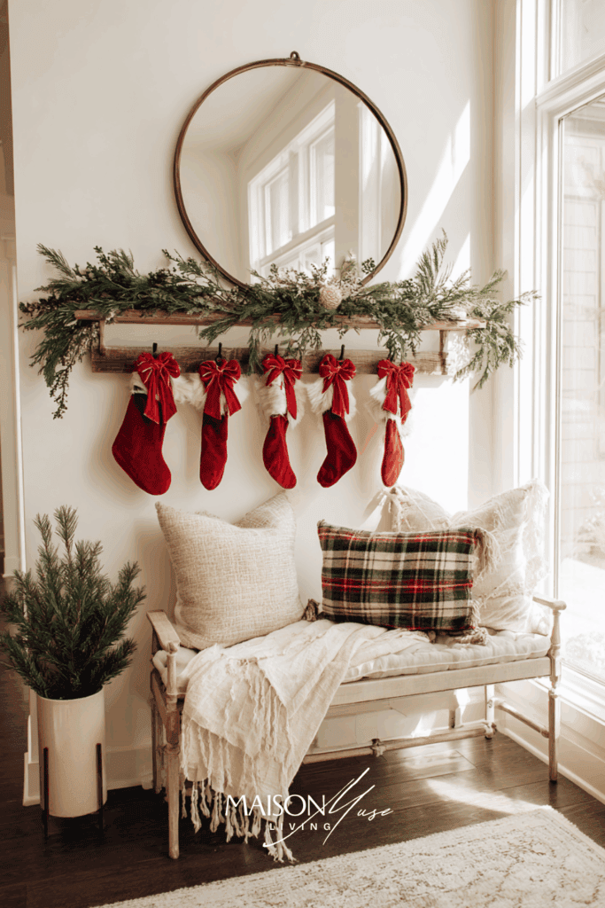 small apartment wall shelf styled as mini Christmas mantel