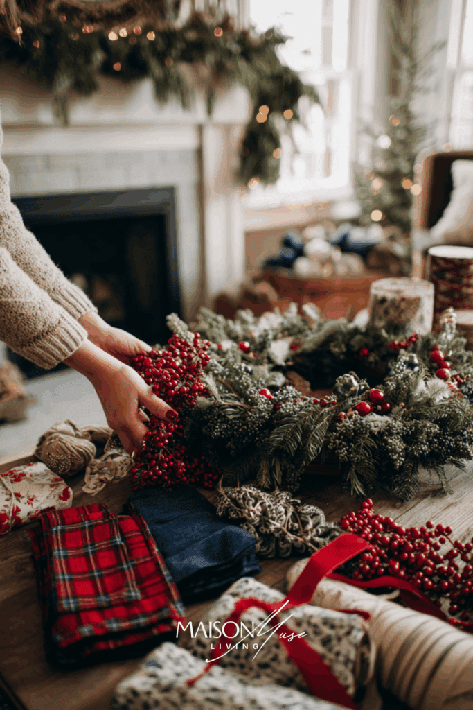 hands arranging different ornament and ribbon options