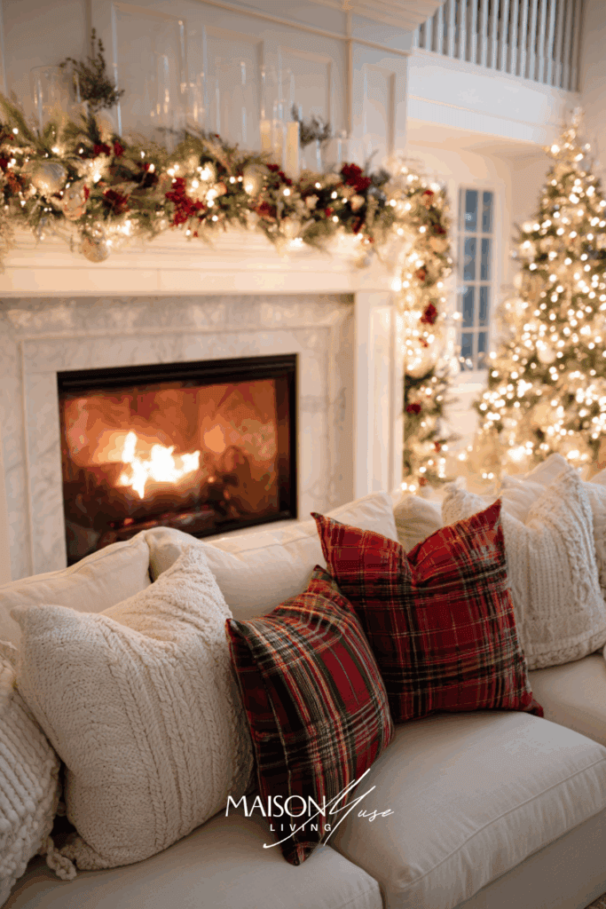 evening view of Christmas fireplace, mantel garland glowing