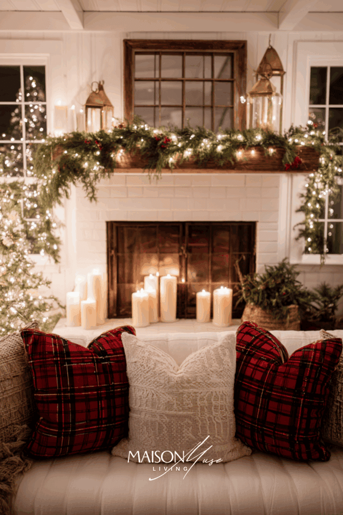 evening view of Christmas fireplace, mantel garland glowing