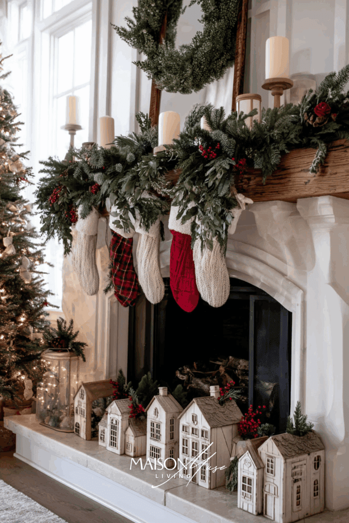 full fireplace view with styled mantel garland