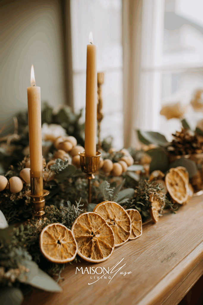 nature inspired Christmas vignette, dried orange slice garland hanging on wall
