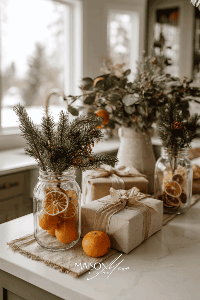 kitchen counter with simple sustainable Christmas decor