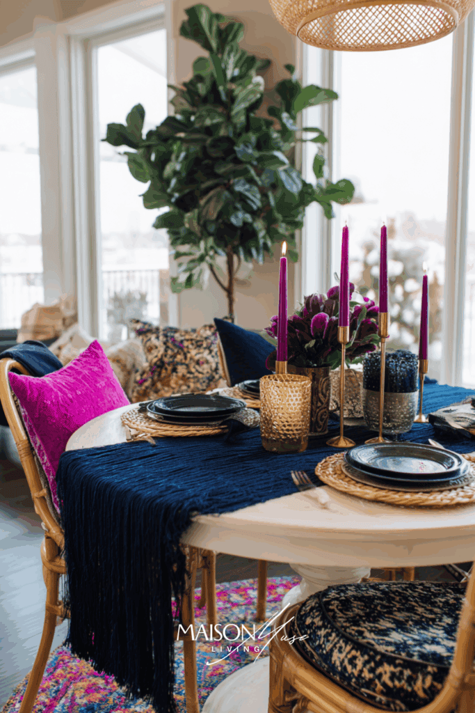 small apartment dining nook with jewel tone decor