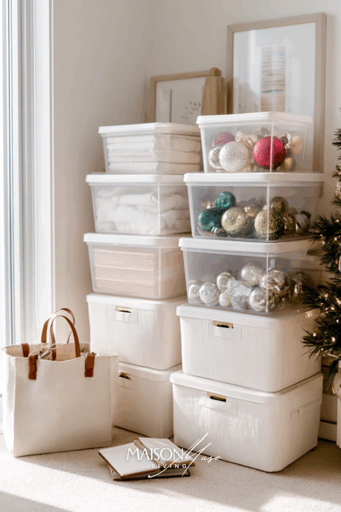 labeled Christmas storage bins