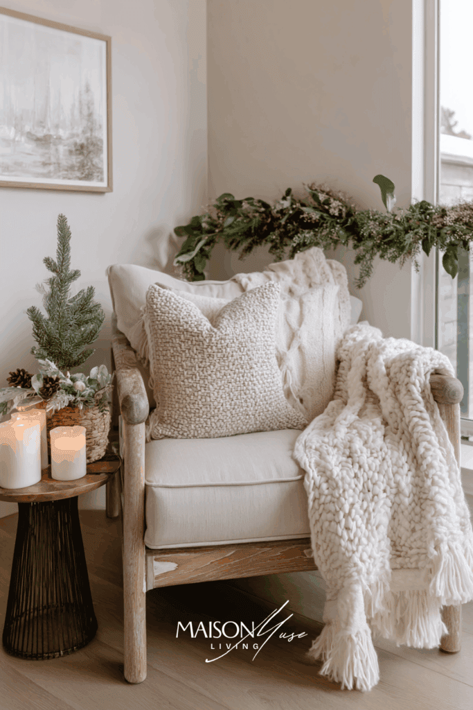 neutral Christmas corner, armchair with cream throw, side table with candles and small evergreen