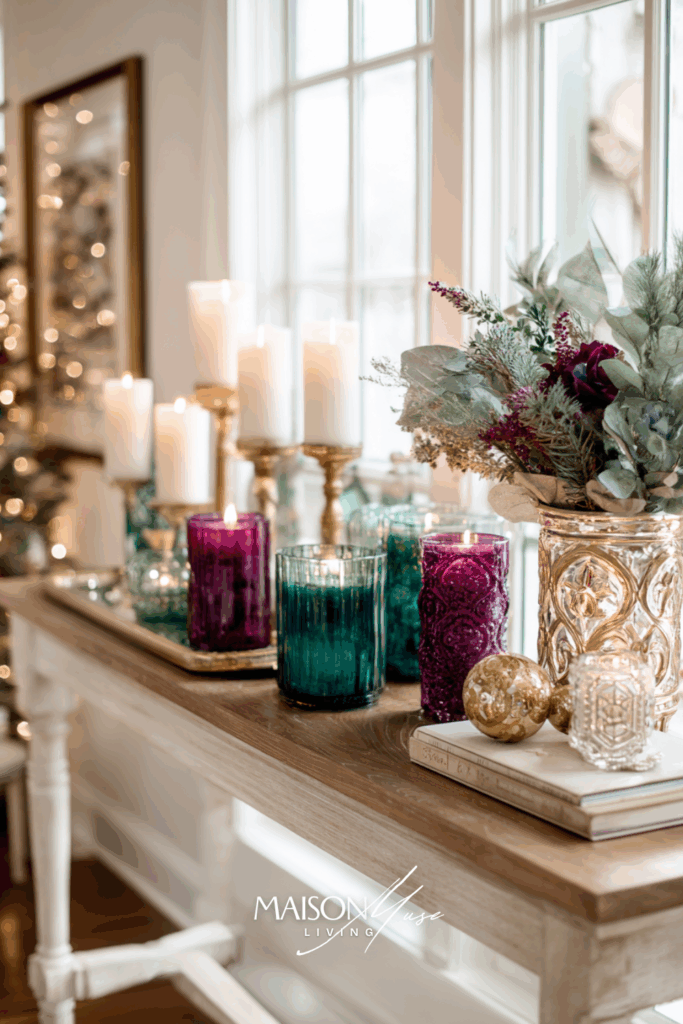 console table with jewel tone candles and ornaments