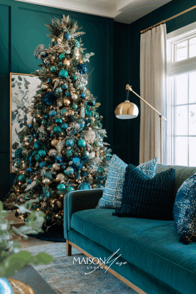 dramatic jewel tone Christmas living room