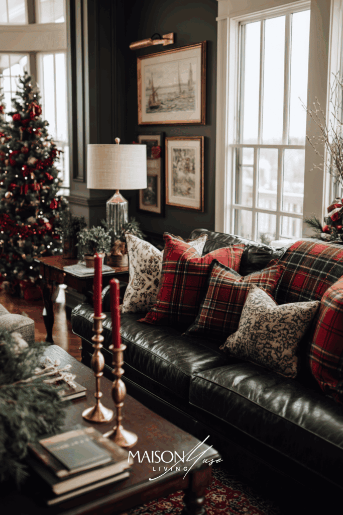 classic Christmas scene with dark wood furniture, tartan pillows