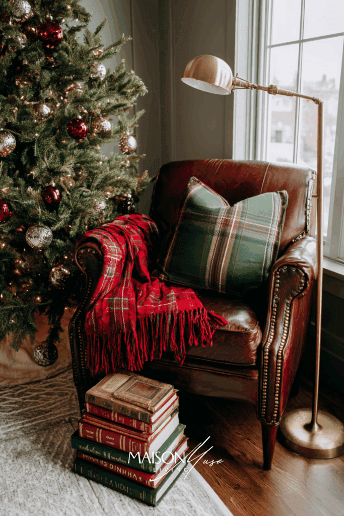 old money Christmas living room corner, leather armchair