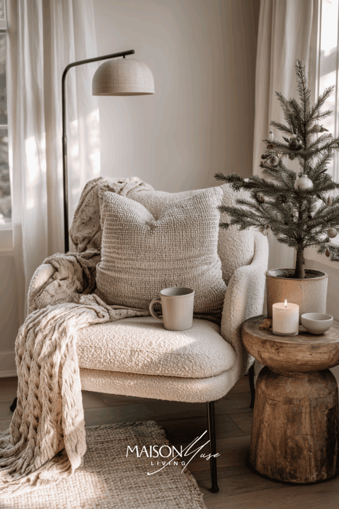 cozy pocket sanctuary corner, boucle armchair, knit throw, side table with ceramic mug and candle