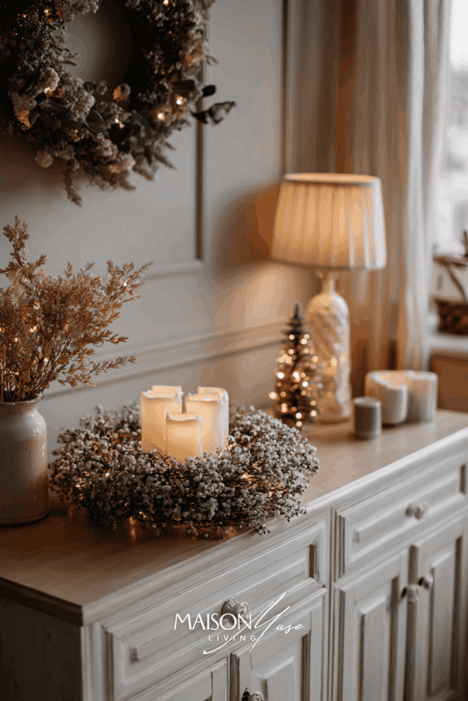 sideboard with table lamp, flameless candles and small lit wreath