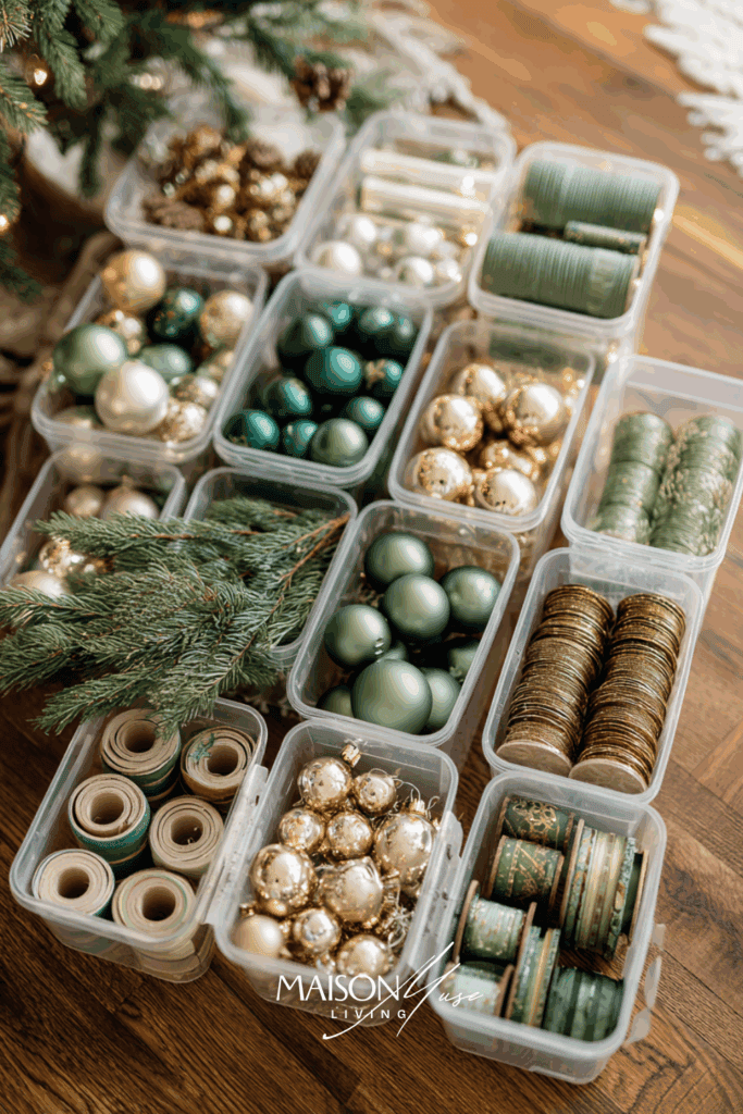 overhead view of organized Christmas decor on hardwood floor