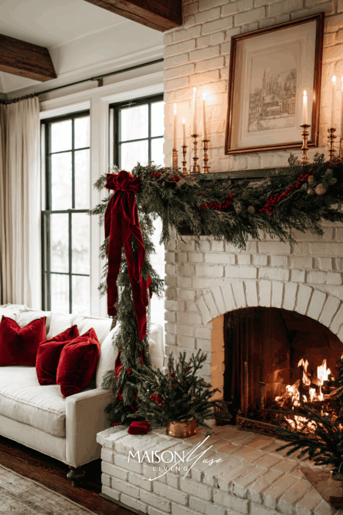 Christmas living room with shiplap fireplace
