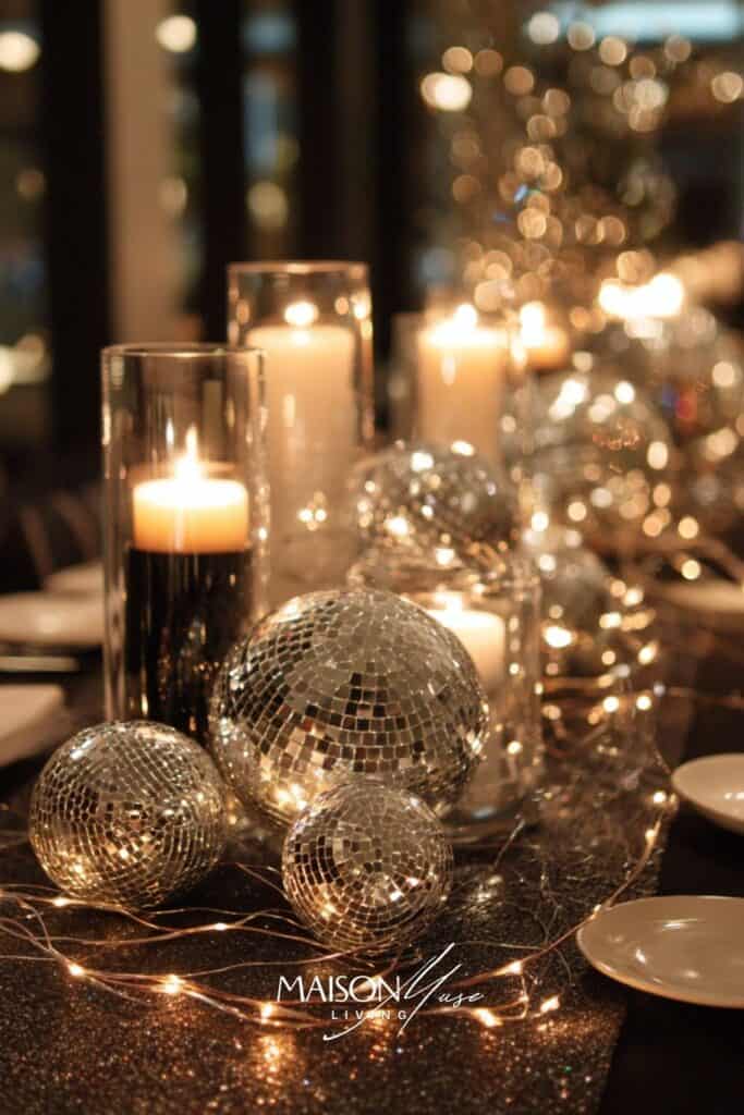 candles and disco balls on a new year's eve table